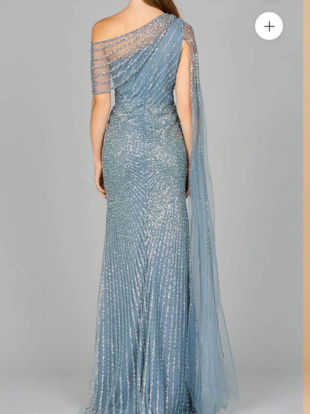 LARA 29051 Slate Blue One-Shoulder Sequin Gown with Draped Tulle - Picture 2 of 4